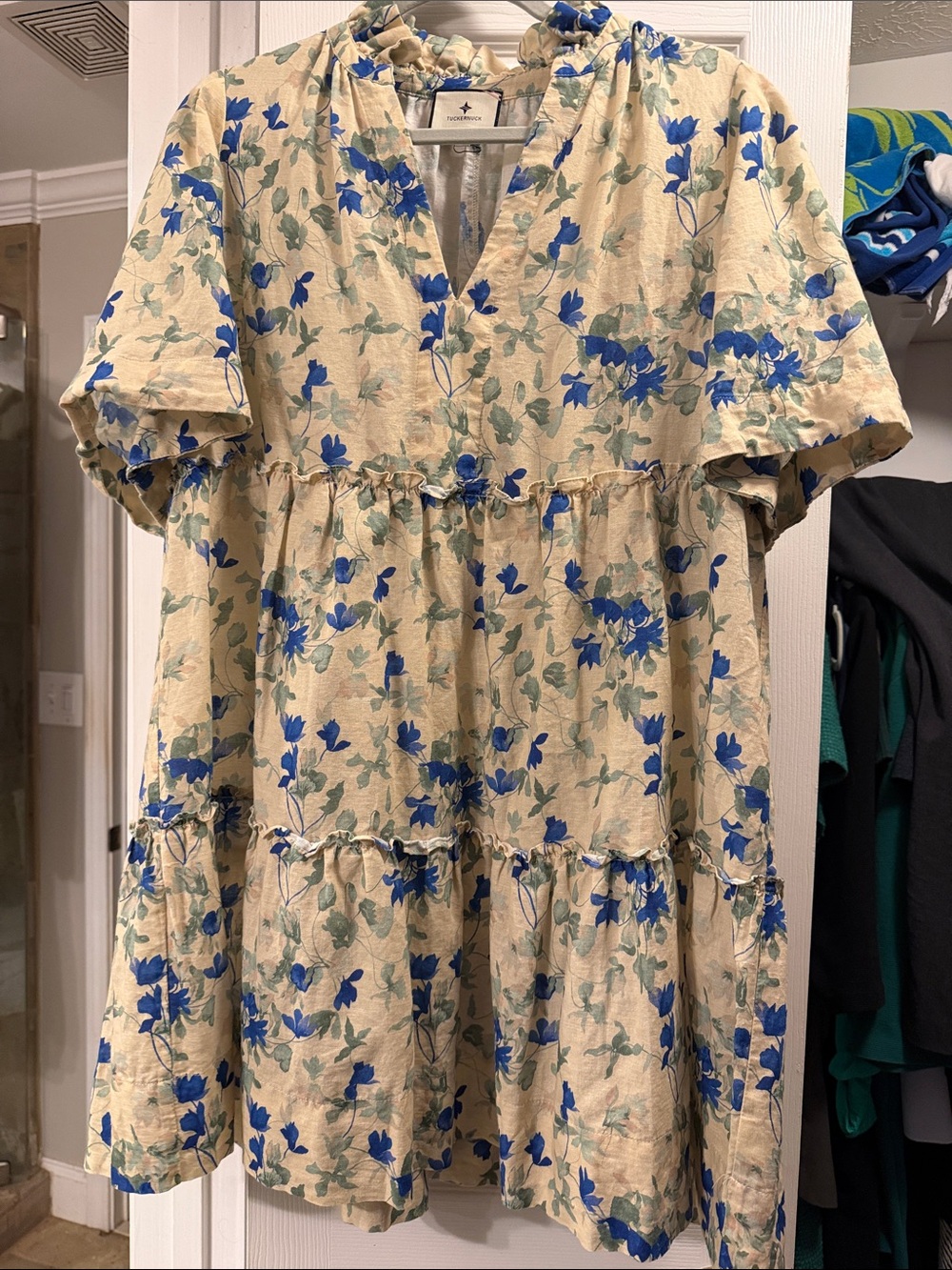 Tuckernuck Cream Floral Tiered Tunic with Blue Blooms